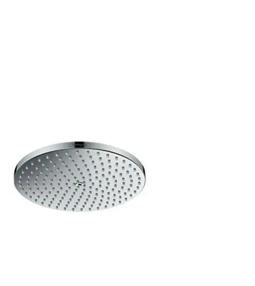 Hängende runde Kopfbrause in Chromoptik von Hansgrohe mit einem gleichmäßigen Muster von Wasseröffnungen für eine gleichmäßige Wasserverteilung.